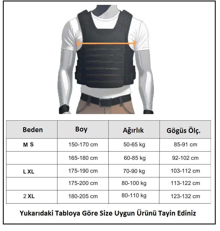 Beden tablosu — Copes 3A Seviye Gömlek Altı Çelik Yelek Beyaz